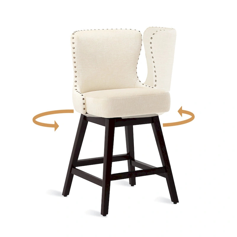 LUE BONA 26 in. Mid-Century Modern Swivel Bar Stools Faux Leather and Linen Counter Stools with Wood FrameSet of 3