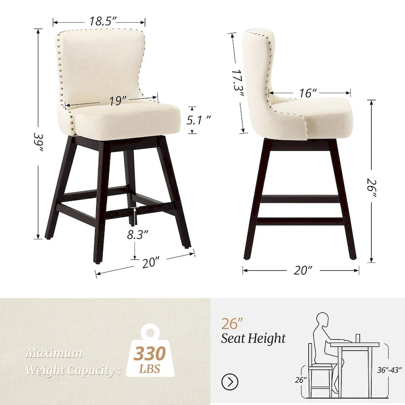 LUE BONA 26 in. Mid-Century Modern Swivel Bar Stools Faux Leather and Linen Counter Stools with Wood FrameSet of 3