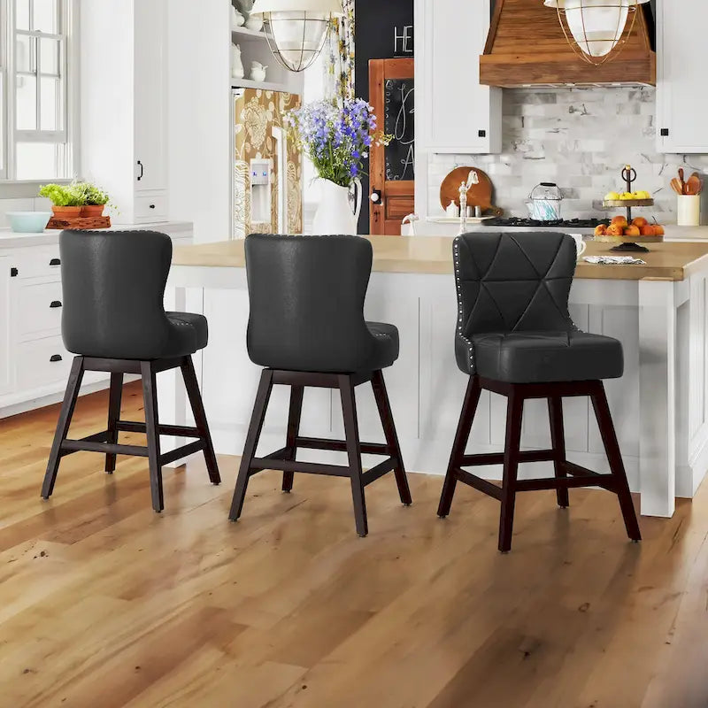 LUE BONA 26 in. Mid-Century Modern Swivel Bar Stools Faux Leather and Linen Counter Stools with Wood FrameSet of 3
