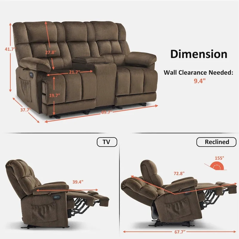 MCombo Power Loveseat Recliner with Console, Vibration and Heat, USB Charge Ports RS6234