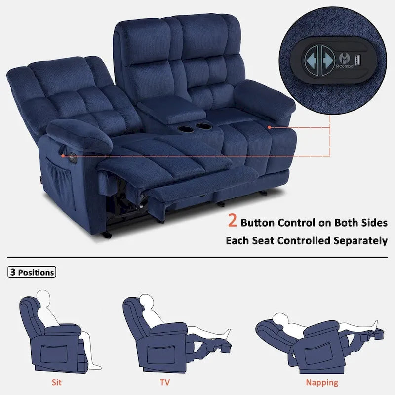MCombo Power Loveseat Recliner with Console, Vibration and Heat, USB Charge Ports RS6234