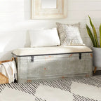 Metal Galvanized Storage Bench with Cream Burlap Top and Black Latches - Gray - Roche River Decor