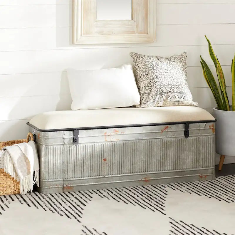 Metal Galvanized Storage Bench with Cream Burlap Top and Black Latches - Gray - Roche River Decor