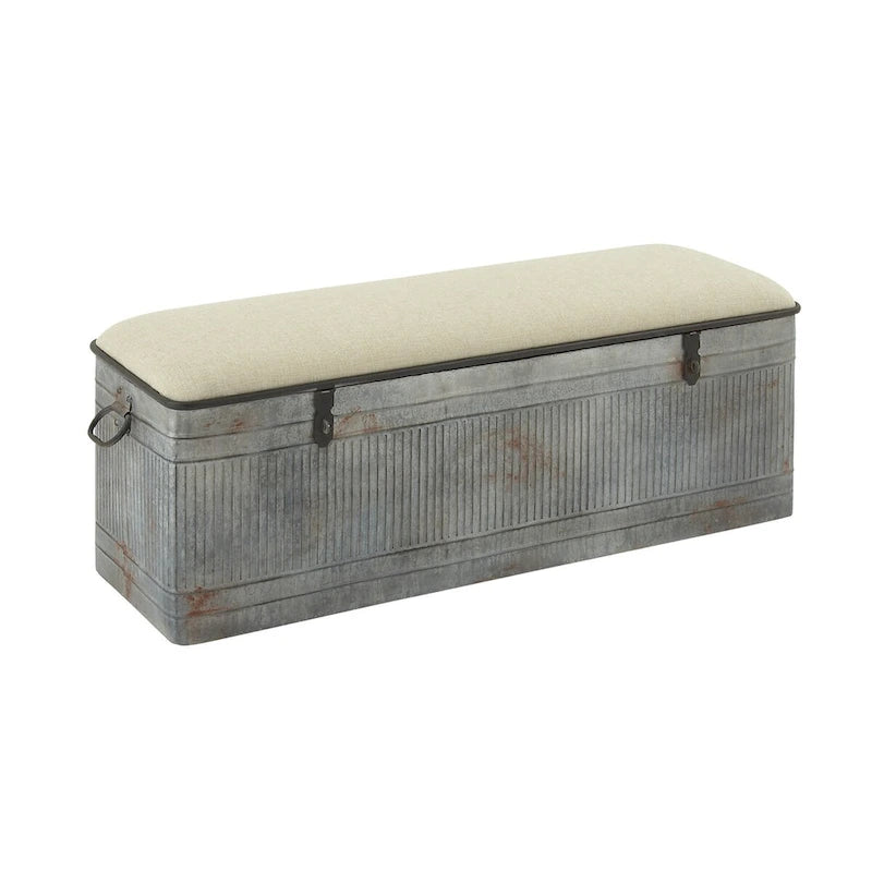 Metal Galvanized Storage Bench with Cream Burlap Top and Black Latches - Gray - Roche River Decor