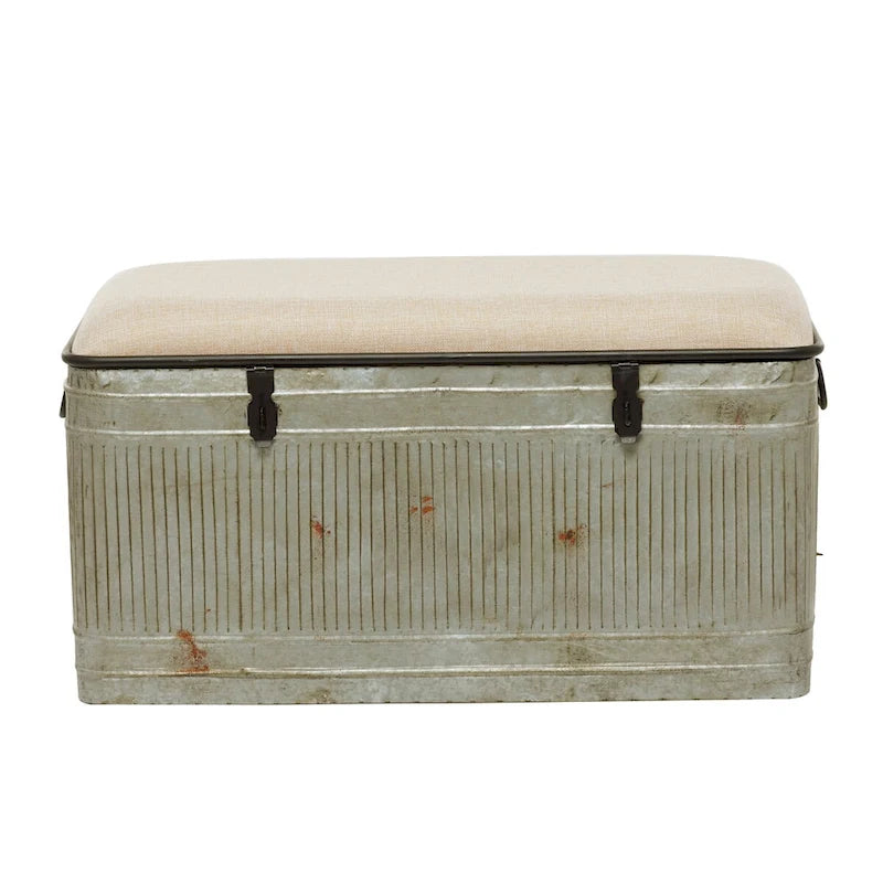 Metal Galvanized Storage Bench with Cream Burlap Top and Black Latches - Gray - Roche River Decor