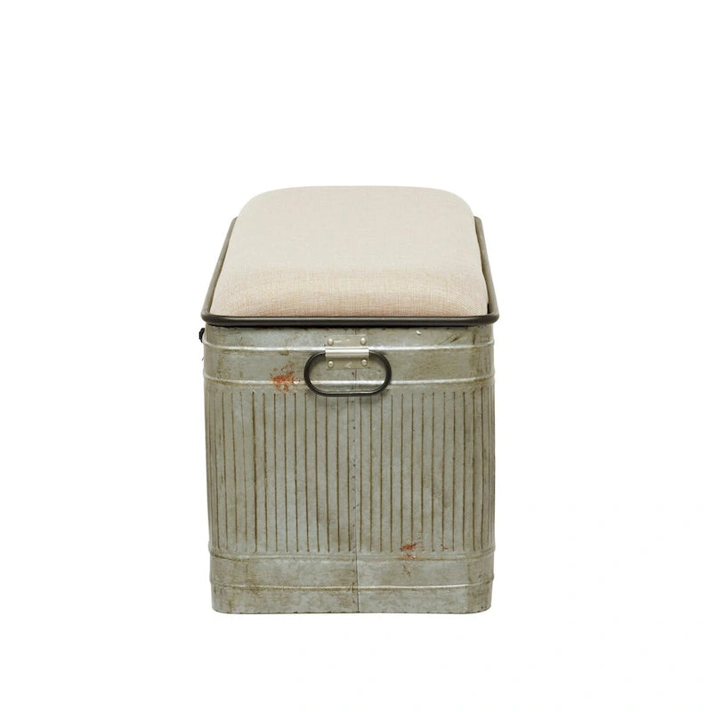 Metal Galvanized Storage Bench with Cream Burlap Top and Black Latches - Gray - Roche River Decor