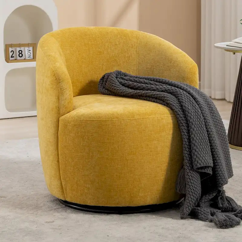 Chenille Fabric Swivel Accent Armchair Barrel Chair With Black Powder Coating Metal Ring