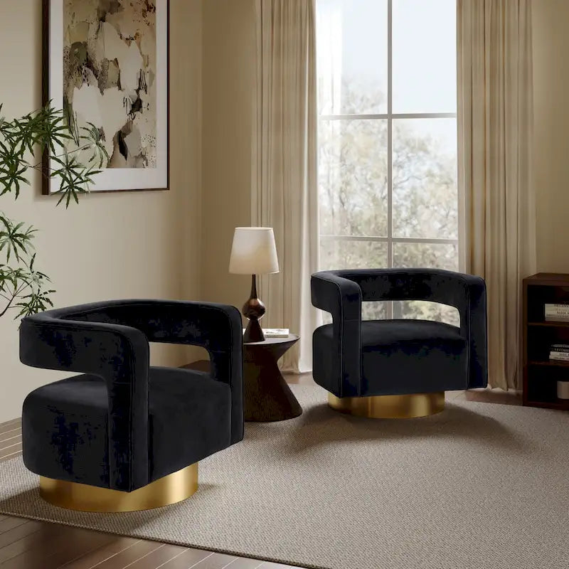 Upholstered Black Velvet Open Back Club Chair with Gold Base - 26.8  H x 29.5  W x 26  D