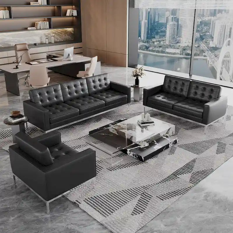 Black Leatherite Nailheads Florence 33 -83 W Multi-seat Sofa