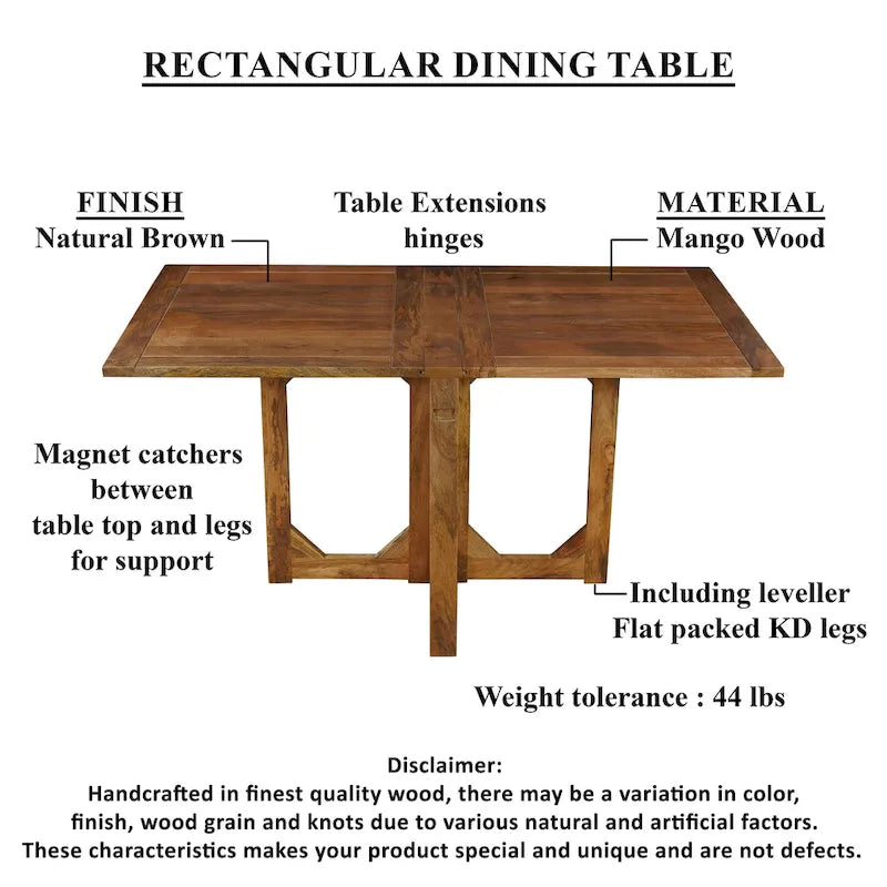 62 Inch Rectangular Dining Table, Handcrafted Natural Mango Wood with Magnetic Catchers