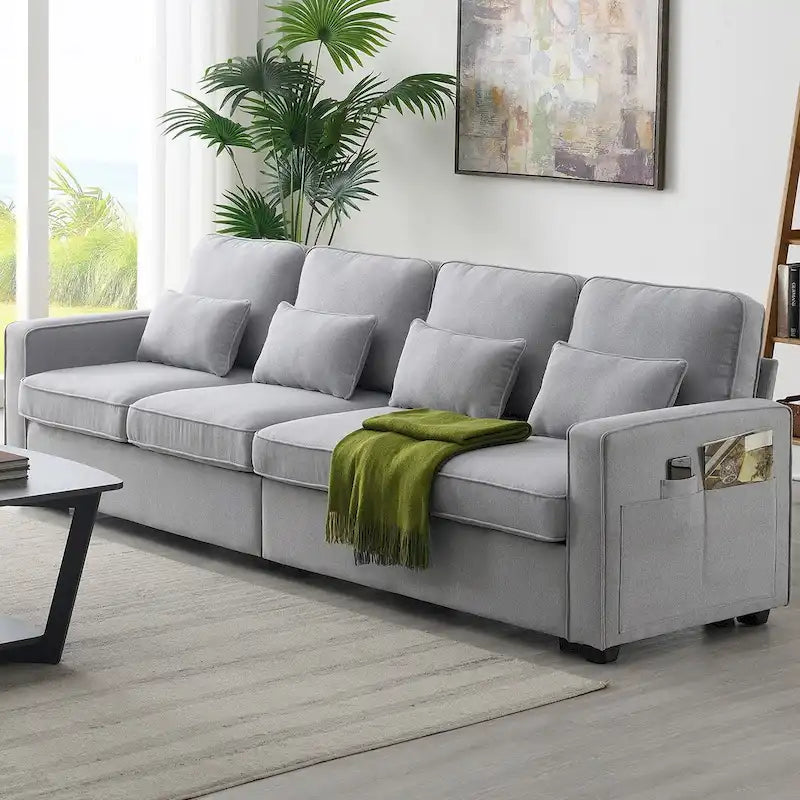 104  4-Seater Modern Linen Fabric Sofa with Armrest Pockets and 4 Pillows