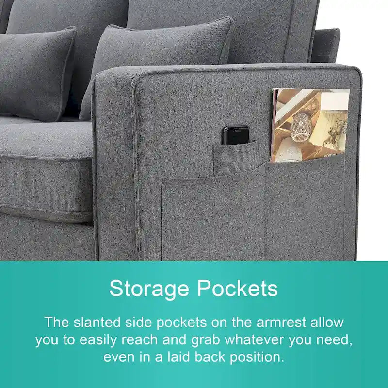 104  4-Seater Modern Linen Fabric Sofa with Armrest Pockets and 4 Pillows