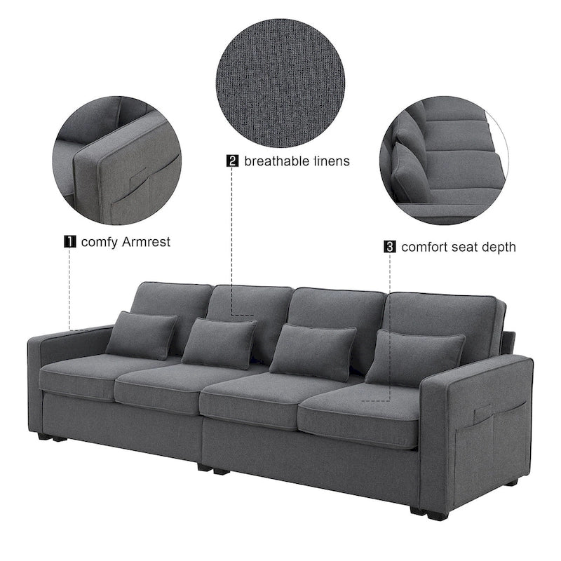 104  4-Seater Modern Linen Fabric Sofa with Armrest Pockets and 4 Pillows