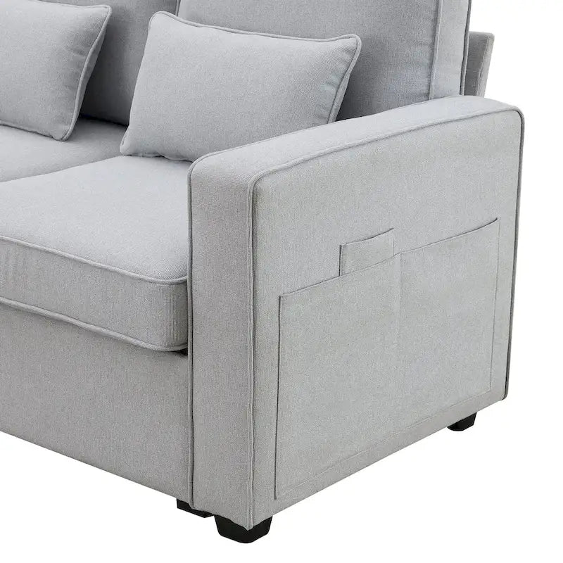 104  4-Seater Modern Linen Fabric Sofa with Armrest Pockets and 4 Pillows