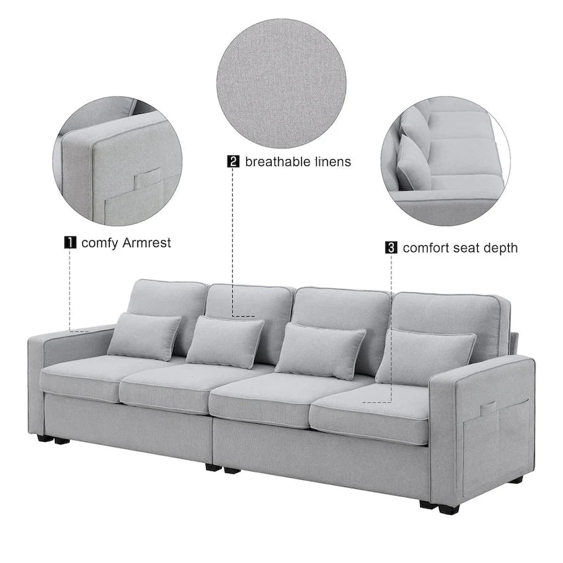 104  4-Seater Modern Linen Fabric Sofa with Armrest Pockets and 4 Pillows