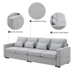 104  4-Seater Modern Linen Fabric Sofa with Armrest Pockets and 4 Pillows