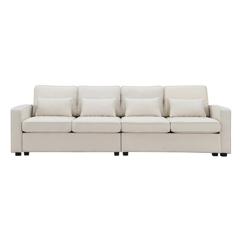 104  4-Seater Modern Linen Fabric Sofa with Armrest Pockets and 4 Pillows
