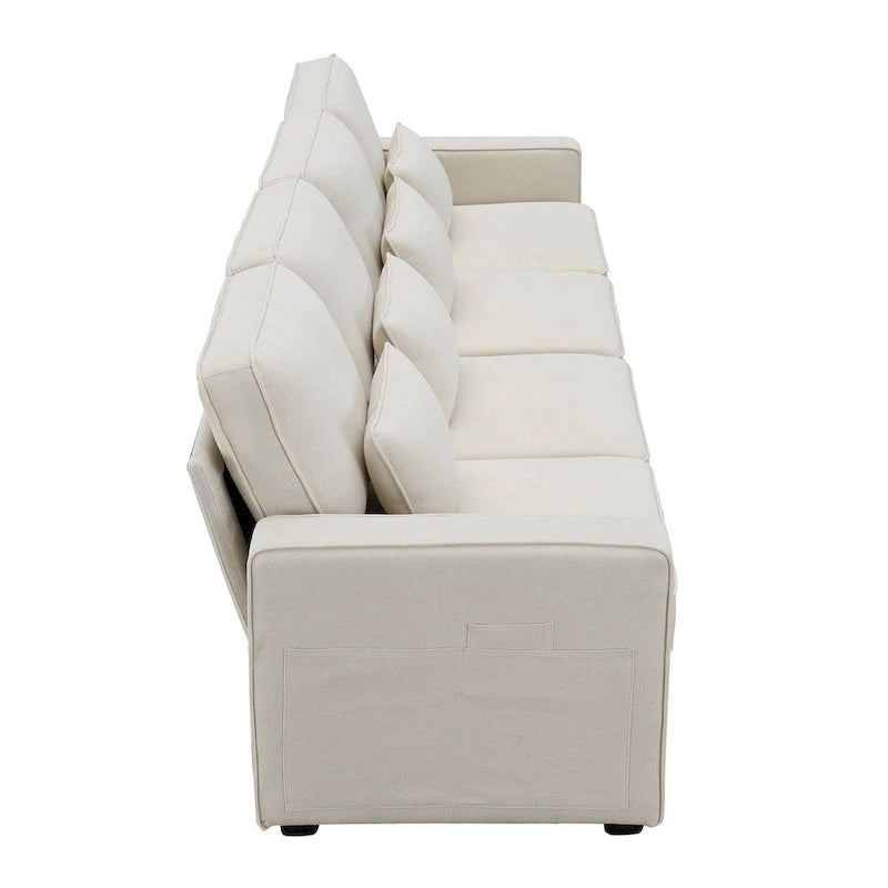 104  4-Seater Modern Linen Fabric Sofa with Armrest Pockets and 4 Pillows