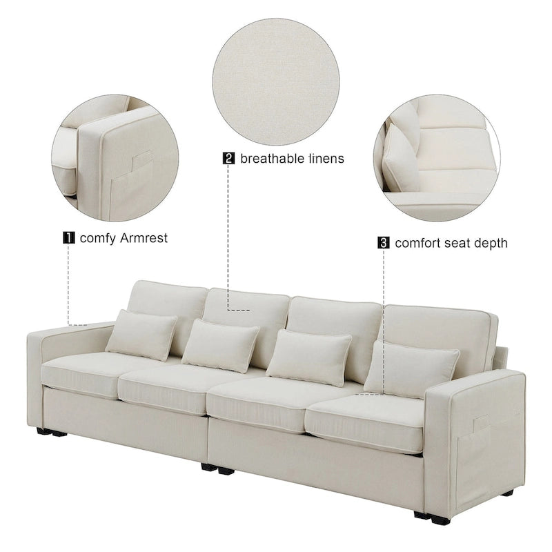 104  4-Seater Modern Linen Fabric Sofa with Armrest Pockets and 4 Pillows