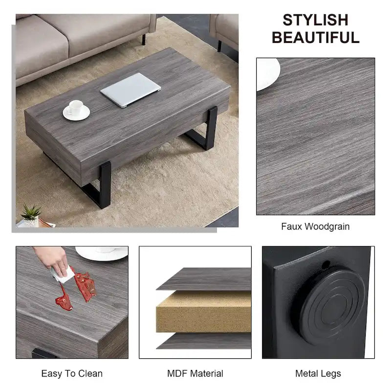 A Rustic Gray Wood Grain MDF Coffee Table With Black Metal Legs - An Elegant Space In Natural Wood Tones