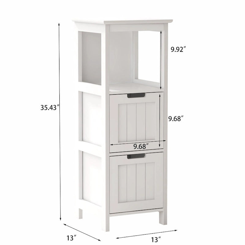 13 W Narrow Floor Cabinet , 2-Drawer Bathroom Cabinet Organizer with Open Storage Shelf for Bath, Kitchen, Bedroom - White